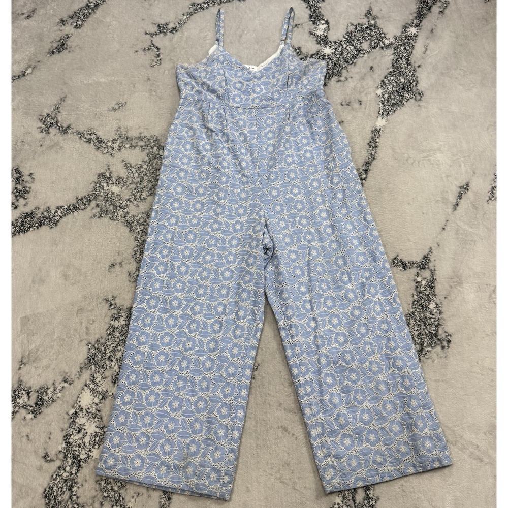 Laia Blue Floral Wide Leg Jumpsuit Womens XL Cotton‎ Embroidered Boho Sleeveless